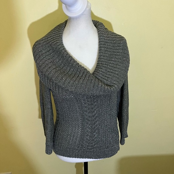 New York & Company Gray Sparkle Cowl Neck Sweater with Cable Knit Size Medium - Picture 1 of 7